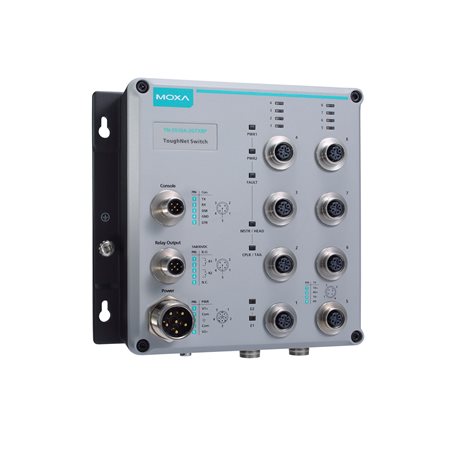 L2 Managed Ethernet switch with 8 10/100BaseT(X) and 2 10/100/1000 Base-T(X) M12 ports with bypass relay function, 24 – 110 VDC dual power input, -40 to 75 degrees operation temperature